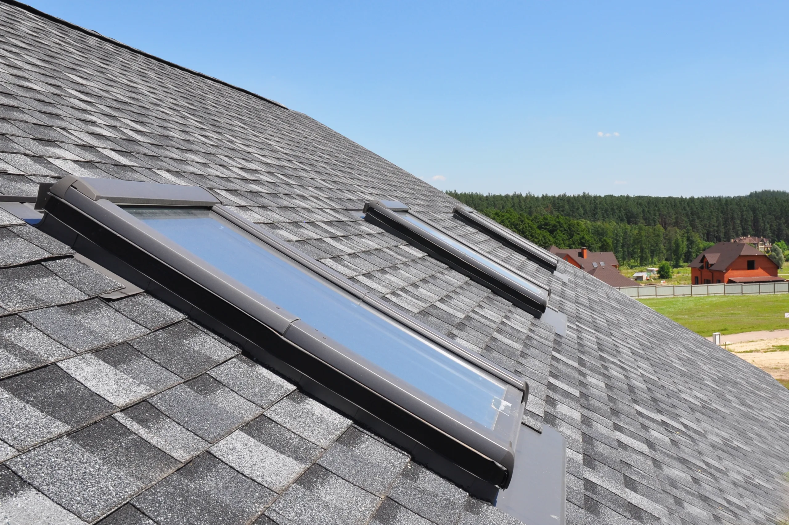 A roof with skylights on it.