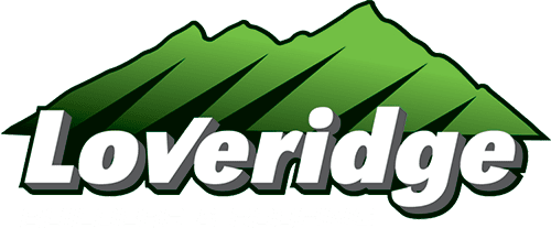 Logo of Loveridge Builders & Roofing featuring the company name in white with a green mountain graphic in the background.